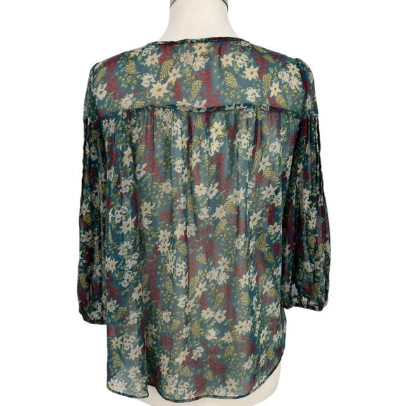 Pins & Needles Anthropologie Sheer Floral Blouse Teal Multicolor Size Small - Picture 7 of 11